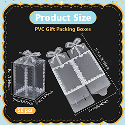 折りたたみ式ハートプリント透明PVCギフト包装箱  ちょう結びの長方形  銀  5x5x9cm&nbsp;CON-WH0085-192A-02