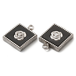 304ステンレススチールチャーム  シェルとアクリル付き  バラの正方形  ステンレス鋼色  13.5x10.5x3mm  穴：1.8mm&nbsp;STAS-A079-03P