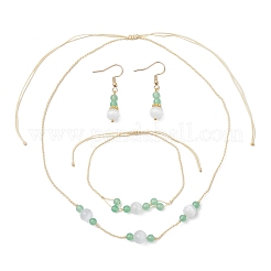 Round Natural Malaysia Jade & Cat Eye Beaded Necklace & Bracelet & Dangle Earring Sets&nbsp;SJEW-JS01334