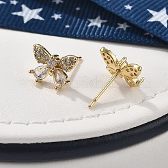 真鍮マイクロペーブクリアキュービックジルコニアスタッドピアス  鉛フリー＆カドミウムフリー  長持ちメッキ  ラックめっき  蝶  18KGP本金メッキ  8x11mm&nbsp;EJEW-R016-02G