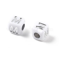 不透明なアクリルビーズ  文字のある正方形  シルバーライン入り  文字m  5x5x5mm  穴：2mm  約5000ocs&nbsp;OACR-D282-06M