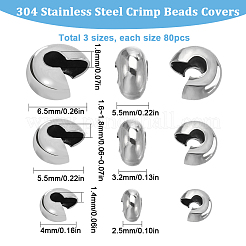 240個3スタイル304ステンレススチールクリンプビーズカバー  ステンレス鋼色  3.5~6.5x4~5.8mm  穴：1.4~1.8mm  80個/スタイル&nbsp;STAS-SC0005-86