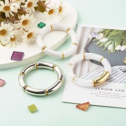 女の子の女性のために設定された分厚いカーブチューブビーズストレッチブレスレット  アクリル＆ccbプラスチックビーズブレスレット  ゴールドカラー  ホワイト  内径：2-1/8インチ（5.5cm）  3個/セット&nbsp;BJEW-JB06949