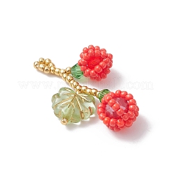 ガラスシードビーズのベリーと葉のペンダント  ガラスとアクリルで  レッド  35x22x10mm  穴：2mm&nbsp;PALLOY-MZ01114-01