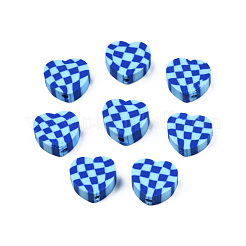 手作り樹脂粘土ビーズ  タータンチェックのハート  ミディアムブルー  9x10x4mm  穴：1.5mm&nbsp;CLAY-N011-57-02