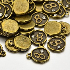アンティークブロンズ合金ラインストーンチャームをメッキ  numがフラットラウンド。8  ニッケルフリー  13x10x1.5mm  穴：1mm&nbsp;ALRI-J153-08-NF