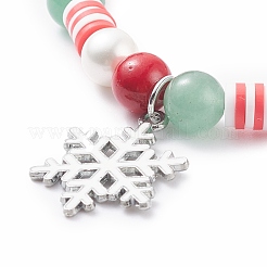 ナチュラルグリーンアベンチュリン＆マシャンジェイド＆シェルパールストレッチブレスレット、クリスマススノーフレークアロイチャーム付き  女性のためのプレッピーブレスレット  ミックスカラー  内径：2-1/8インチ（5.5cm）&nbsp;BJEW-TA00089