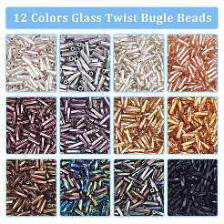 12色のガラスツイストビューグルビーズ  銀並ぶ  丸い穴  ミックスカラー  6x2mm  穴：0.8mm  約8g /カラー  96 G /ボックス&nbsp;SEED-PH0002-17A