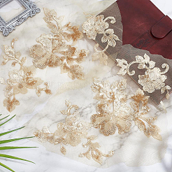 2Dフラワーポリエステル刺繍縫い付けアップリケ3組  プラスチック製のパイレット/スパンコール付き  ウェディングドレスの縫製工芸品の装飾  チョンサム  淡い茶色  295x195x0.1~1mm&nbsp;DIY-GF0013-15