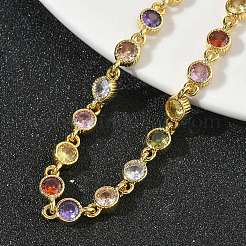 女性用フラットラウンド真鍮パヴェキュービックジルコニアリンクチェーンブレスレット  ラックめっき  カドミウムフリー＆鉛フリー  長持ちメッキ  ゴールドカラー  ミックスカラー  6.42インチ（16.3cm）&nbsp;BJEW-P385-01G