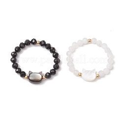 Natural Rainbow Moonstone and Natural Black Tourmaline Beaded Rings&nbsp;RJEW-TA00196