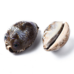 プリントされた天然のカウリーシェルビーズ  穴がない  魚  淡い茶色  57~72x37~52x31~38mm&nbsp;SSHEL-Q314-002