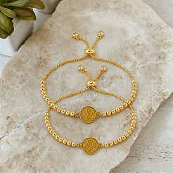 Summer Women's Adjustable 304 Stainless Steel Round Medal Box Chain Slider Bracelets with Brass Beads&nbsp;PC1192