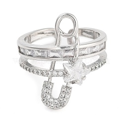 Rack Plating Brass Micro Pave Cubic Zirconia Paper Clip Open Cuff Rings for Women&nbsp;RJEW-C080-02P