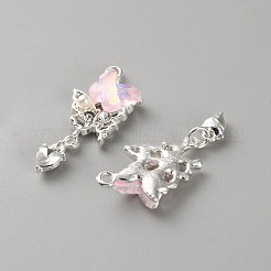 シルバートーン合金ペンダント  ガラスの蝶のチャーム  パールピンク  30mm  穴：1.6mm&nbsp;FIND-WH0441-08S-01