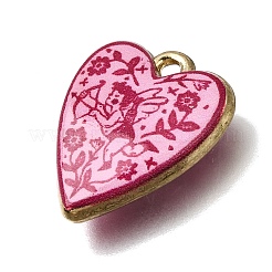 プリントブラスペンダント  キューピッドチャーム付きハート  ピンク  ゴールドカラー  19x15x4mm  穴：1.7mm&nbsp;KK-CBAE379-02G-F