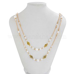 Alloy & Iron Flat Round & Imitation Pearl Round Link Chain Double Layer Long Necklaces for Women&nbsp;FS-WGC7310-02