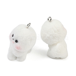 フロッキー樹脂ペンダント  犬  プラチナ鉄ループ付き  ホワイト  33.5x28x25mm  穴：2mm&nbsp;FIND-A052-06D