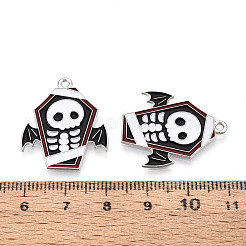 ハロウィーンをテーマにした合金とエナメルのペンダント  カドミウムフリー＆鉛フリー  プラチナ  スカル  26.5x22x1mm  穴：1.6mm&nbsp;X-ENAM-T021-31D-01P