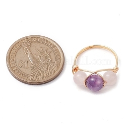 銅線巻き指輪  女性用ラウンド天然ミックスストーンリング  ライトゴールド  10mm  内径：18mm&nbsp;RJEW-JR00718