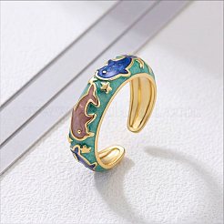 女性用真鍮エナメルカフオープンリング  イルカ模様  ゴールドカラー  ミディアムシーグリーン  usサイズ4 1/4(15~20mm)&nbsp;WGD330E-01