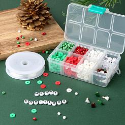 3色1155pcsdiyクリスマステーマストレッチブレスレットメイキングキット  丸いガラスシードビーズを含む  ポリマークレイヘイシービーズ  ポリコットンタッセル  アクリルレタービーズと8m弾性クリスタル糸  ミックスカラー  4mm  穴：1.5mm&nbsp;DIY-LS0001-22B
