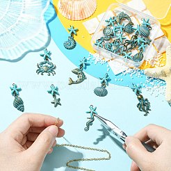 18個9スタイルアロイペンダント  合成ターコイズと鉄のリング付き  混合図形  アンティークブロンズ＆グリーングリーン  30~45mm&nbsp;PALLOY-CJ00182