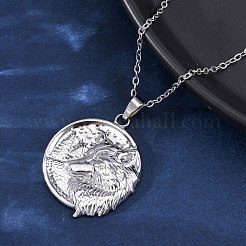 Flat Round with Wolf 304 Stainless Steel Pendant Necklaces&nbsp;NJEW-H059-04P