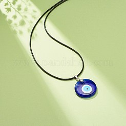 Blue Lampwork Evil Eye Pendant Necklace with Waxed Cord for Women&nbsp;NJEW-JN03955-04
