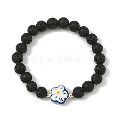Handmade Printed Porcelain Flower & Round Natuarl Lava Rock Beaded Stretch Bracelets&nbsp;BJEW-JB14183-01