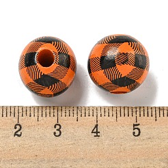 プリントウッドヨーロピアンビーズ  タータン模様のラウンド  ダークオレンジ  15.5~16mm  穴：4~4.5mm&nbsp;WOOD-G022-13B