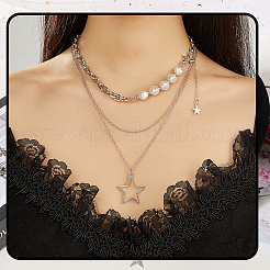 2セット2スタイルの亜鉛合金スターペンダントレイヤードネックレス（女性用）  プラチナ  14.96~21.26インチ（38~54cm）  1セット/スタイル&nbsp;NJEW-SC0001-52