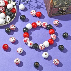 ハロウィンテーマのプリント天然木製ビーズ  ジュートコード付き  ミックスカラー  15.5~16x14.5~15mm  穴：3~7mm  66個/セット&nbsp;WOOD-YW0001-22