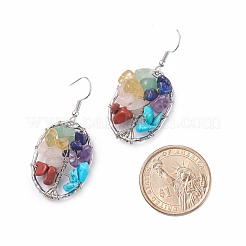 Natural & Synthetic Mixed Gemstone Chips Oval with Tree of Life Dangle Earrings&nbsp;EJEW-JE04880-02