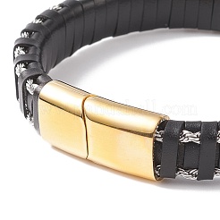 レザー編み込みコードブレスレット  304ステンレススチール製マグネット留め具  長方形  ゴールドカラー  ブラック  8-5/8インチ（22cm）  12x6mm&nbsp;BJEW-E345-15-G