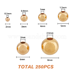 6種類の真鍮ビーズ  長持ちメッキ  ラウンド  18KGP本金メッキ  2~8mm  穴：0.5~2.5mm  250個/箱&nbsp;KK-HY0001-62