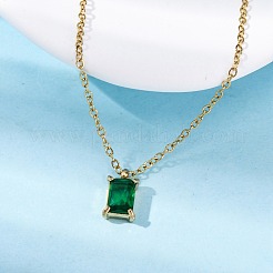 304 Stainless Steel Fern Green Rhinestone Rectangle Pendant Cable Chain Necklaces&nbsp;NJEW-U026-01G