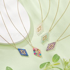 Natural Mixed Gemstone Beaded Rhombus Pendant Necklace&nbsp;NJEW-JN04319