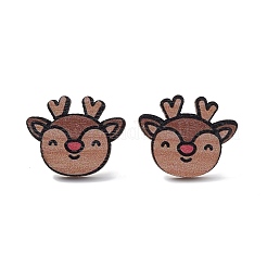 クリスマスプリントの木製スタッドピアス  女性用316ステンレスピン付き  鹿  23x28mm  ピン：0.7mm&nbsp;LS-EJEW-D046-06