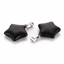 スター天然な黒の石のペンダント  プラチナトーンの真鍮パーツ  22~23x20~24x5~7mm  穴：2x7mm&nbsp;G-Q367-23
