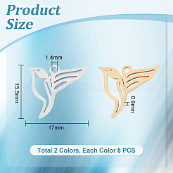 16個2色201ステンレスペンダント  鳥のチャーム  ゴールデン·ステンレス鋼色  17x15.5x0.9mm  穴：1.4mm  8個/カラー&nbsp;STAS-UN0048-24