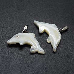 シェルペンダント  真鍮パーツとラインストーン  イルカ  クリスタル  プラチナ  22~24x27~29x3~4mm  穴：2x5mm&nbsp;SSHEL-E564-06P