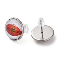 スポーツボールガラス＆304ステンレススチールスタッドピアス（女性用）  ステンレス鋼色  ラグビー  15.5mm&nbsp;LS-EJEW-H005-01P-10