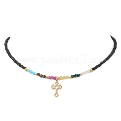 2Pcs 2 Colors 304 Stainless Steel Cross Pendant Natural Ruby & Golden Sheen Obsidian & Rose Quartz & Malachite & Yellow Opal Round & Electroplated Glass Rondelle Beaded Necklaces for Women&nbsp;NJEW-JN05611