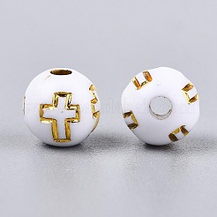 メッキアクリルビーズ  ゴールドライン入り  クロスの丸  ホワイト  8mm  穴：2mm&nbsp;X-PACR-Q113-01