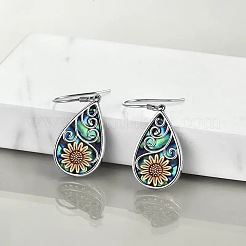 合金エナメルダングルピアス  304ステンレス鋼  ひまわり模様のティアドロップ  プラチナ  30x13mm&nbsp;WG48F3E-02