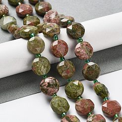 天然石ユナカイトビーズ連売り  シードビーズで  ファセット六角形カット  フラットラウンド  12~12.5x5~6mm  穴：1.2~1.4mm  約27~29個/連  15.55~15.75インチ(39.5~40cm)&nbsp;G-NH0004-026