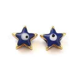 金色のトーン真鍮エナメルビーズ  カドミウムフリー＆鉛フリー  長持ちメッキ  ナザールボンジュウ付きスター  プルシアンブルー  8x8x5mm  穴：1.4mm&nbsp;KK-E048-03G-04
