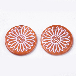 スプレー塗料淡水シェルペンダント  印刷  デイジーの花とフラットラウンド  レッドオレンジ  19.5~20.5x2~3mm  穴：1.4~1.8mm&nbsp;SHEL-N026-06A-03