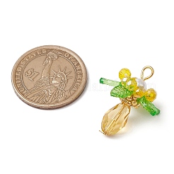 丸い貝殻の真珠とアクリルチャームのペンダントが付いたガラス  花  きいろ  27x22mm  穴：4x3mm&nbsp;PALLOY-MZ00647-04